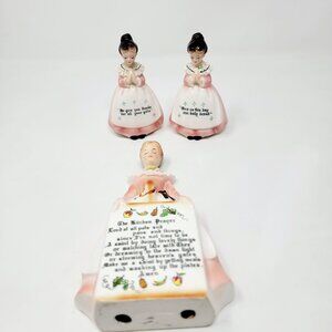 Vintage Prayer Lady Salt & Pepper Shakers + Wall Pocket ****READ***